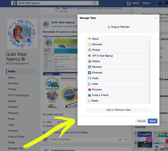 New Facebook Page Layout-Manage Tabs